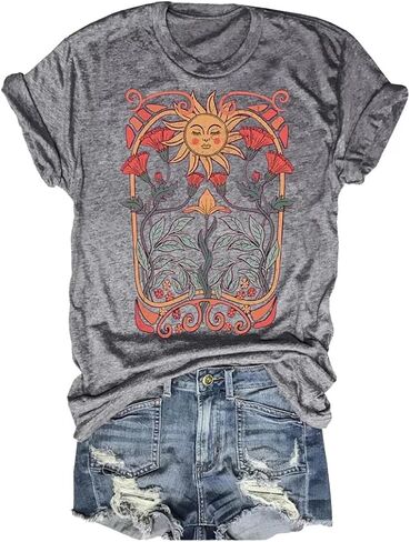 Women's Boho Floral T Shirt Summer Casual Art Nouveau Wildflowers Vintage Flowers Nature Graphic Tees Tops in Saudi Arabia