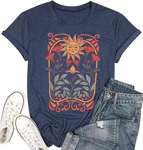 Women's Boho Floral T Shirt Summer Casual Art Nouveau Wildflowers Vintage Flowers Nature Graphic Tees Tops in Saudi Arabia