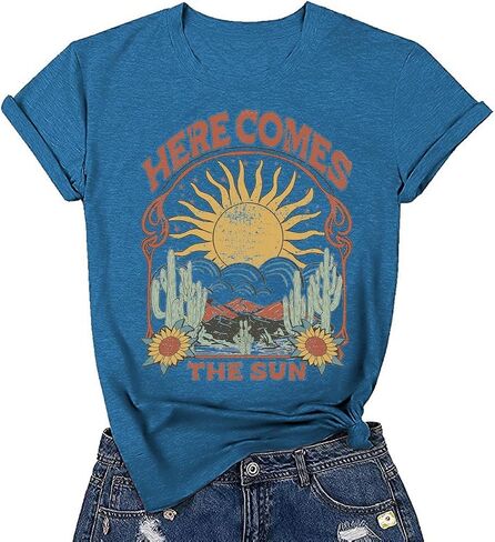 Women's Boho Floral T Shirt Summer Casual Art Nouveau Wildflowers Vintage Flowers Nature Graphic Tees Tops in Saudi Arabia