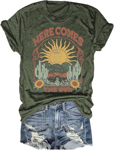 Women's Boho Floral T Shirt Summer Casual Art Nouveau Wildflowers Vintage Flowers Nature Graphic Tees Tops in Saudi Arabia