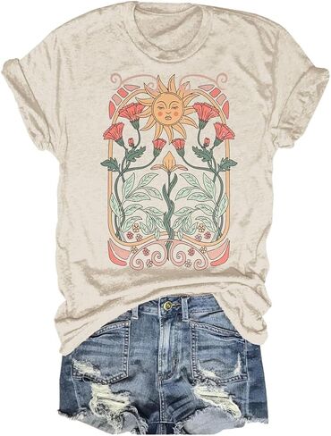 Women's Boho Floral T Shirt Summer Casual Art Nouveau Wildflowers Vintage Flowers Nature Graphic Tees Tops in Saudi Arabia