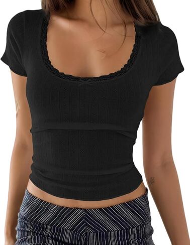 Cioatin Women Y2K Lace Bow Patchwork Pointelle Crop Tshirt Short Sleeve Scoop Neck Fitted Girls Coquette Tee Tops Summer in Saudi Arabia