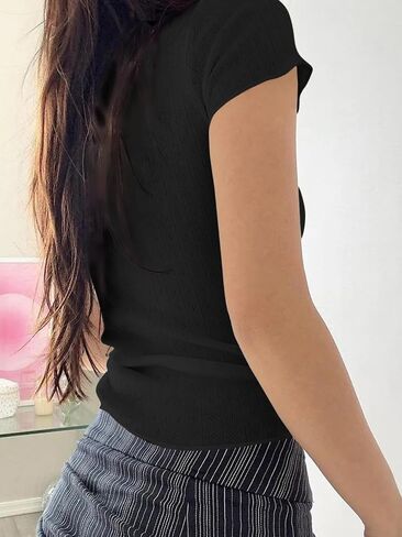 Cioatin Women Y2K Lace Bow Patchwork Pointelle Crop Tshirt Short Sleeve Scoop Neck Fitted Girls Coquette Tee Tops Summer in Saudi Arabia