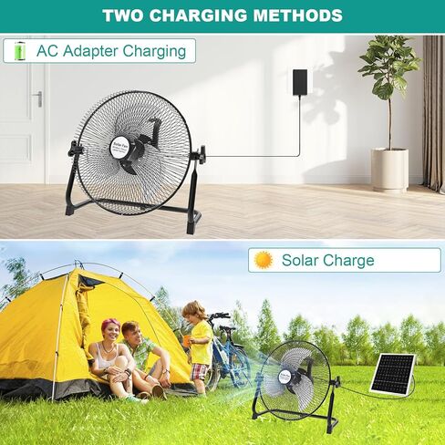 deaunbr Solar Panel Powered Fan,12000mAh Battery Powered Fan,12 Inch Wireless Rechargeable Fan with Solar Panel Powered and AC Charger Dual Input for Garage,Fishing,Camping,Travel,Outdoors in Kuwait