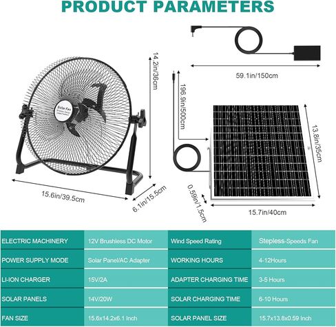 deaunbr Solar Panel Powered Fan,12000mAh Battery Powered Fan,12 Inch Wireless Rechargeable Fan with Solar Panel Powered and AC Charger Dual Input for Garage,Fishing,Camping,Travel,Outdoors in Kuwait