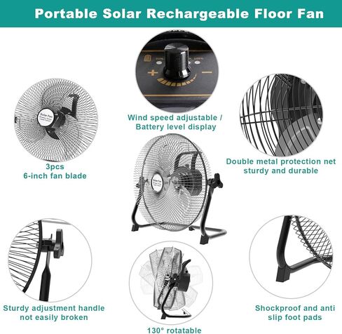 deaunbr Solar Panel Powered Fan,12000mAh Battery Powered Fan,12 Inch Wireless Rechargeable Fan with Solar Panel Powered and AC Charger Dual Input for Garage,Fishing,Camping,Travel,Outdoors in Kuwait