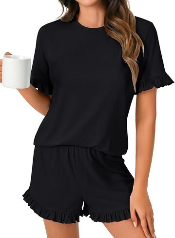 Rooscier Women's Cotton Pajama Set Frill Sleeve Round Neck Top and Ruffle Short Sleepwear in Saudi Arabia
