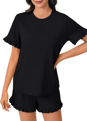 Rooscier Women's Cotton Pajama Set Frill Sleeve Round Neck Top and Ruffle Short Sleepwear in Saudi Arabia