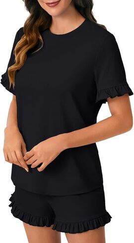 Rooscier Women's Cotton Pajama Set Frill Sleeve Round Neck Top and Ruffle Short Sleepwear in Saudi Arabia