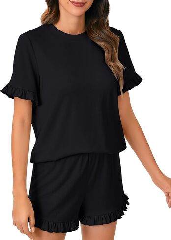 Rooscier Women's Cotton Pajama Set Frill Sleeve Round Neck Top and Ruffle Short Sleepwear in Saudi Arabia