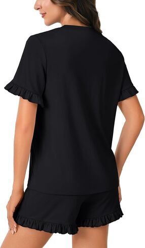 Rooscier Women's Cotton Pajama Set Frill Sleeve Round Neck Top and Ruffle Short Sleepwear in Saudi Arabia