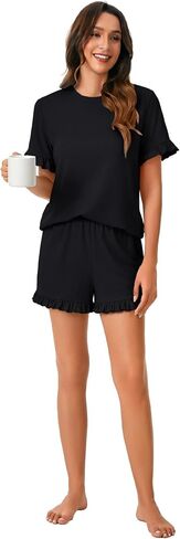Rooscier Women's Cotton Pajama Set Frill Sleeve Round Neck Top and Ruffle Short Sleepwear in Saudi Arabia
