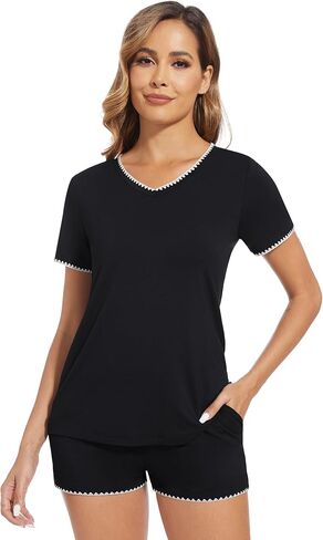 WiWi Women's Short Sleeve Pajama Sets Casual V Neck 2 Piece Sleepwear Soft Viscose from Bamboo Shorts Pj Set S-XXL in Saudi Arabia