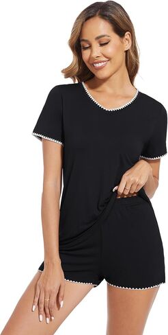WiWi Women's Short Sleeve Pajama Sets Casual V Neck 2 Piece Sleepwear Soft Viscose from Bamboo Shorts Pj Set S-XXL in Saudi Arabia