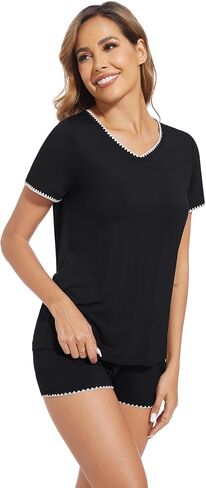 WiWi Women's Short Sleeve Pajama Sets Casual V Neck 2 Piece Sleepwear Soft Viscose from Bamboo Shorts Pj Set S-XXL in Saudi Arabia