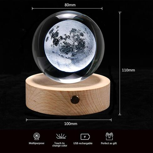 Moon Crystal Ball Stand(3.15inch), 3D Crystal Ball with Led Light, K9 Clear Crystal Ball for Home Decoration in Saudi Arabia