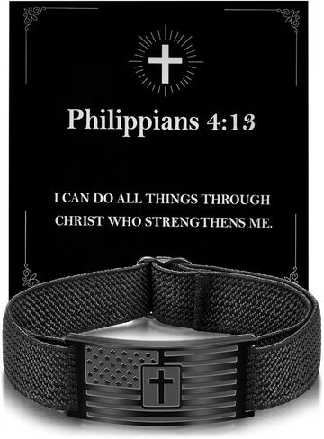 Christian Cross Bracelet for Men American Flag Engarved Bible Verse Inspirational Black Elastic Strap Adjustable Bracelets Jesus Christian Birthday Graduation Gifts for Him in Kuwait