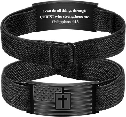 Christian Cross Bracelet for Men American Flag Engarved Bible Verse Inspirational Black Elastic Strap Adjustable Bracelets Jesus Christian Birthday Graduation Gifts for Him in Kuwait