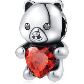 Teddy Bear Charms Hug My Heart Fit Pandora Valentines Day Bracelet ، 925 Sterling Silver I Love You Bear Beads with Garnet CZ for Lover/BFF/PET Lover