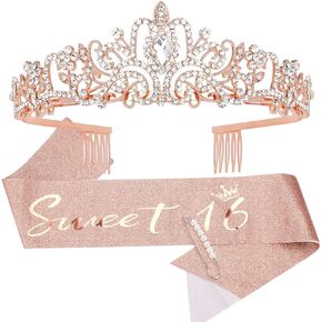 AOPRIE Birthday Sash & Crown - Rose Gold Tiara for Sweet 16 Girls & Women - Rhinestone Happy Birthday Accessory