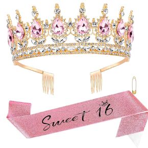 16th Birthday Sash and Crown CUBACO Gold Sweet 16 Tiara for Girls Rhinestone Queen Crown Tiara for Women Crystal Crowns Headband Princess Tiaras Sweet Sixteen Birthday Party Decoration