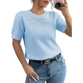 MakeMeChic Women's Bow Sweater Crew Neck Short Sleeve Knitted Pullover Beaded Tops