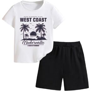 Verdusa Boy's 2 Piece Outfits Tropical Print Short Sleeve Graphic Tees and Shorts Set