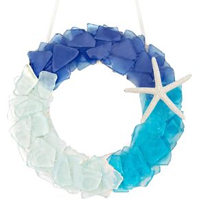 Sea Glass Wreath - Handmade 8.5 Inch Beach Wreath, Coastal Style Christmas Decor Wreaths for Home Decor, Door, Window, Kitchen Cabinet, Chair and Wall (Blue)