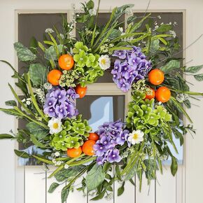 24" Hydrangea Spring Summer Wreath with Realistic Fruit and Green Leaves, Floral Artificial Wreath for Front Door Home Wall Wedding Farmhouse Holiday Outdoor Indoor Décor (Purple)