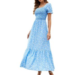 Women's 2024 Summer Dress Ruffled Sleeves Square Neck Elegant Pretty Garden or Milk Maid Dress
