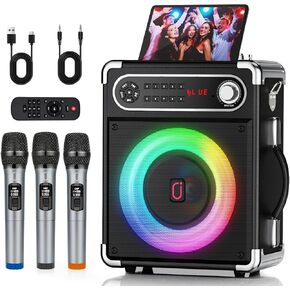 HWWR Karaoke Machine with 3 Wireless UHF Microphones for Adults, Portable Bluetooth Speaker, Party Speaker with Disco Lights for Outdoor, PA System Karaoke Speaker Support TWS/FM/USB/TF Card/AUX/REC