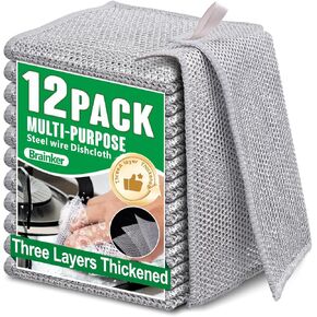 12pcs Non Scratch Wire Dishcloth Multipurpose Reuseable 3Layer Steel Wool Cleaning Cloths Wire Dishwashing Rags Miracle Metal Dish Cloth for Kitchen Furniture Office Stoves Cookers Sinks Dishes garage