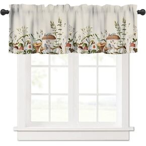 Boho Mushroom Valance Curtains for Window, White Cartoon Vintage Rustic Plant Leaf Flower Kitchen Valances Short Panel Blackout Treatment Drapes for Bedroom Living Room Bathroom 54x 18 in