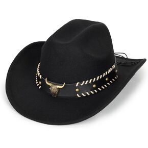 Western-Cowboy-Hats for Women Men - Classic Wide Brim Felt Fedora Unisex Upturn Bull Head Cowgirl Caps with Buckle Belt