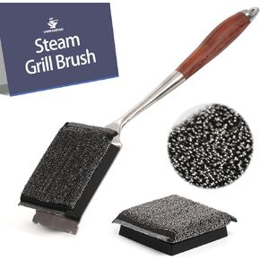 Bristle-Free Grill Brush with Steam Cleaning - Heat-Resistant Aramid Fiber Pad & 1 Replaceable Head 16 Inch Long Wood Handle- Safe for Cast Iron, Stainless Steel Grills