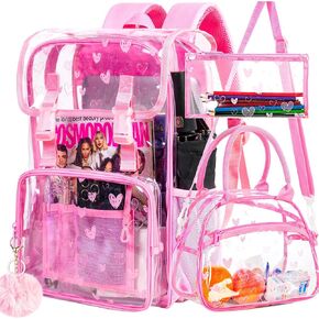 3pcs Pink Clear Backpack ، حقيبة كتب شفافة للخدمة الشاملة للبنات ، استاد معتمد من خلال حقيبة الظهر مع صندوق الغداء (Pink Daisy)