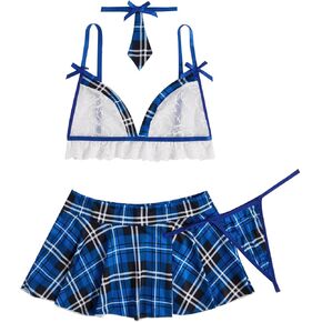 MakeMeChic Women's 4 Piece Lingerie Sets Plaid Print Floral Lace Costume with Necktie