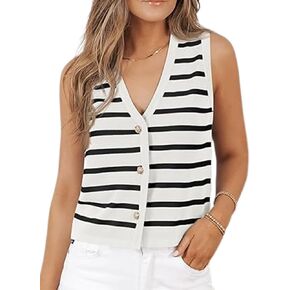 Womens Vests Tops for Women Casual V Neck Sleeveless Striped Knit Sweater