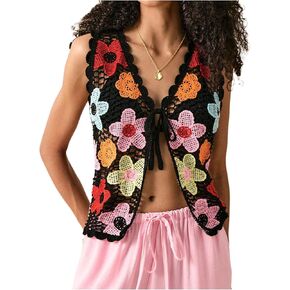 MakeMeChic Women's Floral Crochet Sweater Vest Tie Front Hollow Out Sleeveless Tops