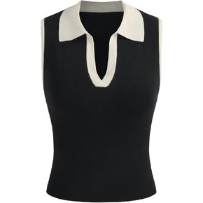 CIDER Sweater Vest Women Striped Knit Sleeveless Crop Top Trendy Clothing Polo Neck Contrasting Binding Knit Top