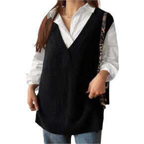 MakeMeChic Women's Plus Size Loose Sweater Vest V Neck Sleeveless Cable Knit Sweaters