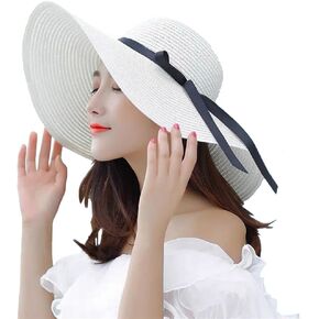 Womens Straw Hat Wide Brim Large Floppy Foldable Roll-Up Beach Sun Hat Packable Cap Summer Hat with Adjustable Strap(Black)