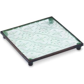 Square Quatrefoil Design - 4 Inch Clear/Black Glass/Aluminum Pillar Candle Plate or Trivet