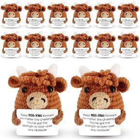 12 Pcs Positive Crochet Animals Bulk Mini Appreciation Gifts Emotional Crochet Animals with Positive Messages for Coworker Friend Teacher Gifts Home Office Decorations(Cow)