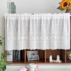 Gxi White Valance for Kitchen 20 inch Length Short Cotton Curtain Small Windows Floral Vintage French Curtain Rod Pocket Farmhouse Window Treatment Tiers 2 Panels, W39 x L20 inch