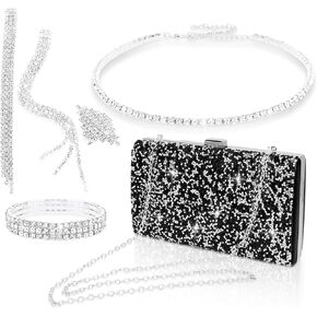 Wecoe 5pcs/set Jewelry Purse Set For Women Handbags Clutch Rhinestone Diamond Necklaces Bracelets Earrings Ring Set Wedding Bridal Prom Homecoming Costume Jewelry Formal Evening Bag Accessories