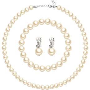 3 Pcs 1920s Faux Pearl Strand Costume Jewelry Sets Simulated Pearl Necklace Bracelet Earrings for Women