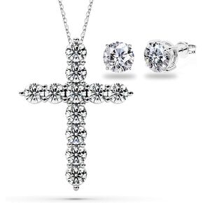 Moissanite Cross Necklace (3.3 Carat) Moissanite Stud Earrings 2 CTW (1.0Ct Each) Set