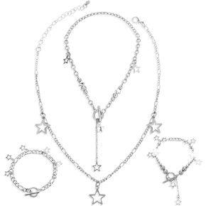 Y2K Accessories Jewelry Set with 2 PCS Silver Star Necklace and 2 PCS Bracelet, Kawaii Necklaces Aesthetic Vintage Emo Jewelry for Women Men