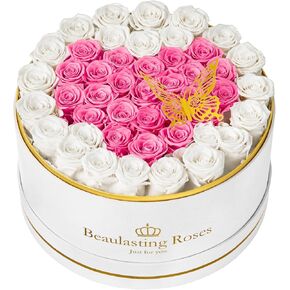 Preserved Flowers 47-Piece Forever Real Roses in Suede Box Gift for Her Wife Girlfriend Mom Birthday (Pink)